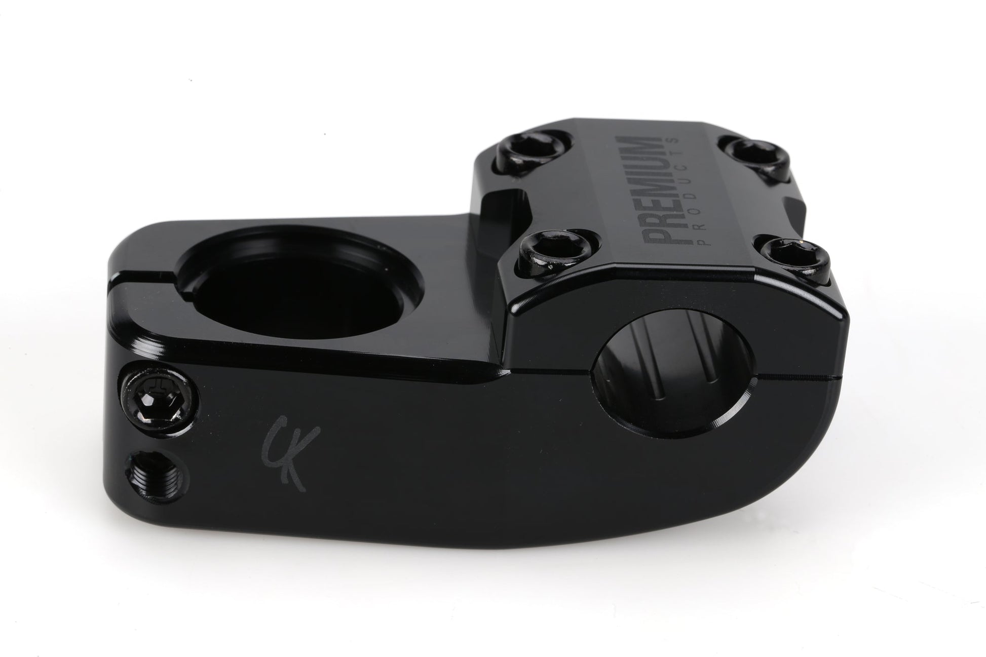 The Premium CK Top Load Stem V3 in black features four top bolts, a handlebar clamp, and the Premium logo.