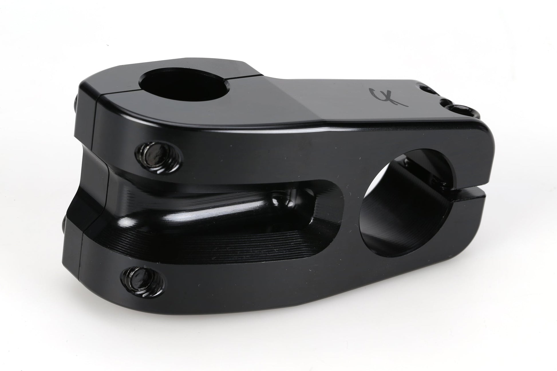 The Premium CK Top Load Stem V3 is a glossy black BMX stem with multiple bolts and cylindrical openings for bar and fork attachment.