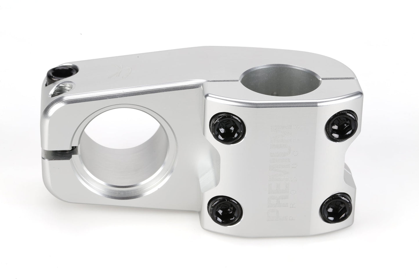 The Premium CK Top Load Stem V3 is a silver BMX stem with black bolts for attaching handlebars to the fork.