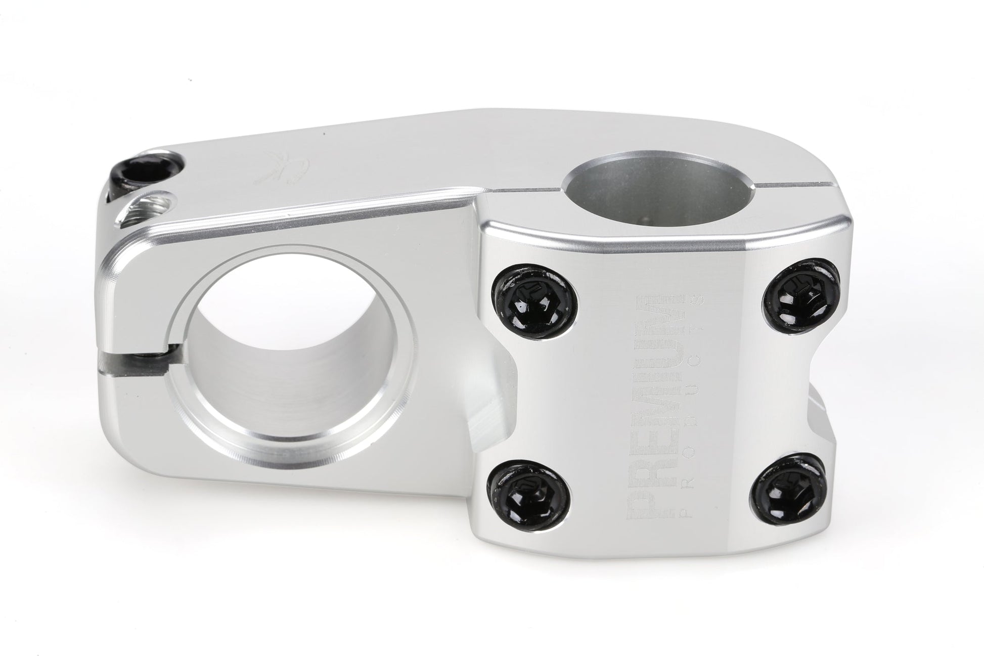 The Premium CK Top Load Stem V3 is a silver BMX stem with black bolts for attaching handlebars to the fork.