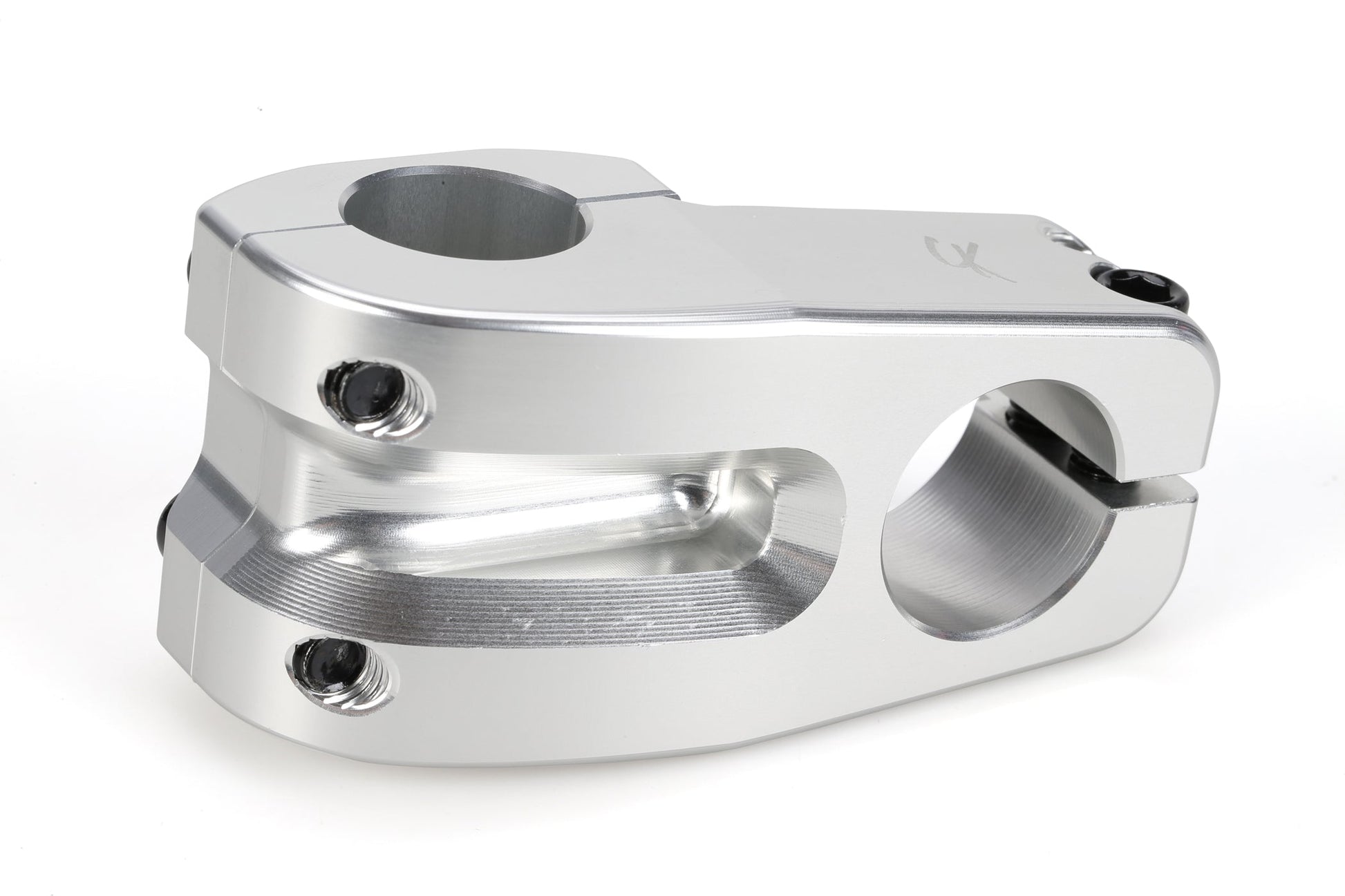 A machined silver Premium CK Top Load Stem V3 with two clamp holes, Lenkerbohrung, and black bolts on a white background.
