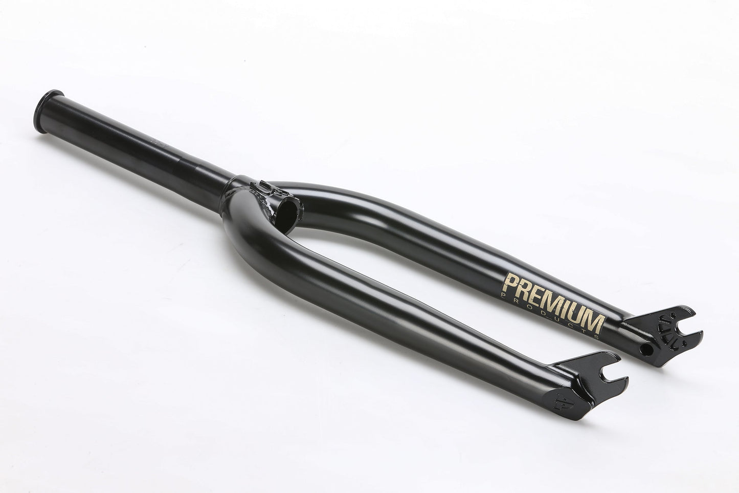 The CK V2 Fork by Premium is a black BMX bike fork made from durable Chromoly-Stahlrohr with PREMIUM in gold lettering. Designed for performance, it features a CNC-gefräster Gabelschaft and is displayed against a pristine white background.