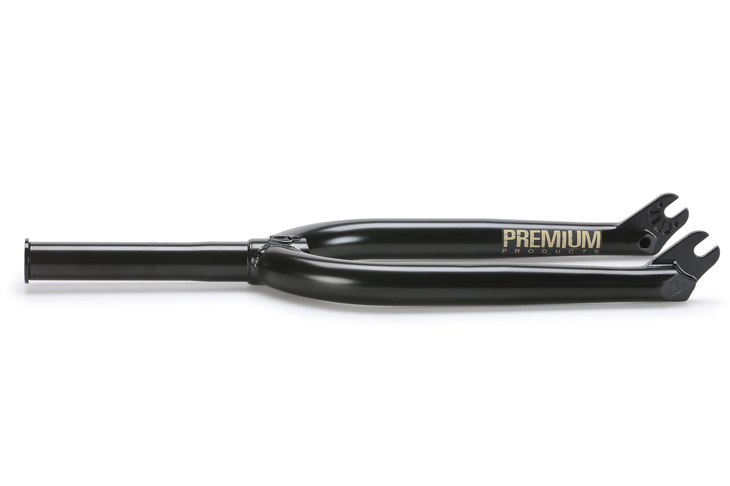 The CK V2 Fork by Premium is a sleek black Chromoly-Stahlrohr bicycle fork featuring Premium Products in gold on its side, with dropout cutouts for easy wheel attachment and a CNC-gefräster Gabelschaft, showcasing the elegance of the CK Signature-Gabel series.