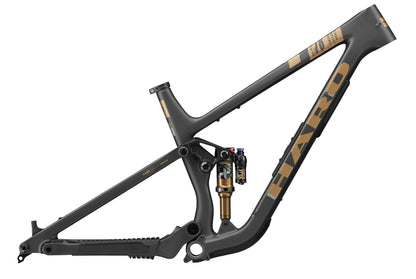 The Haro Bikes Daley Carbon Frameset, matte black and gold with rear suspension, shown side-on against a white background.