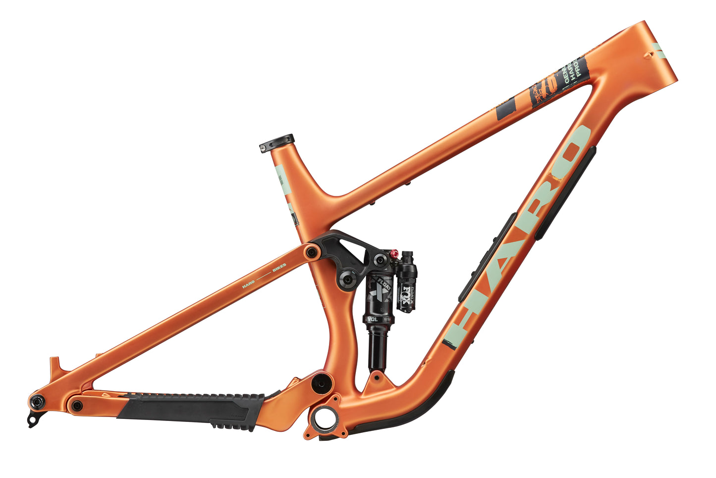 The Daley Carbon Frameset by Haro Bikes is an orange all-mountain frame with rear suspension, shown without wheels or extras.