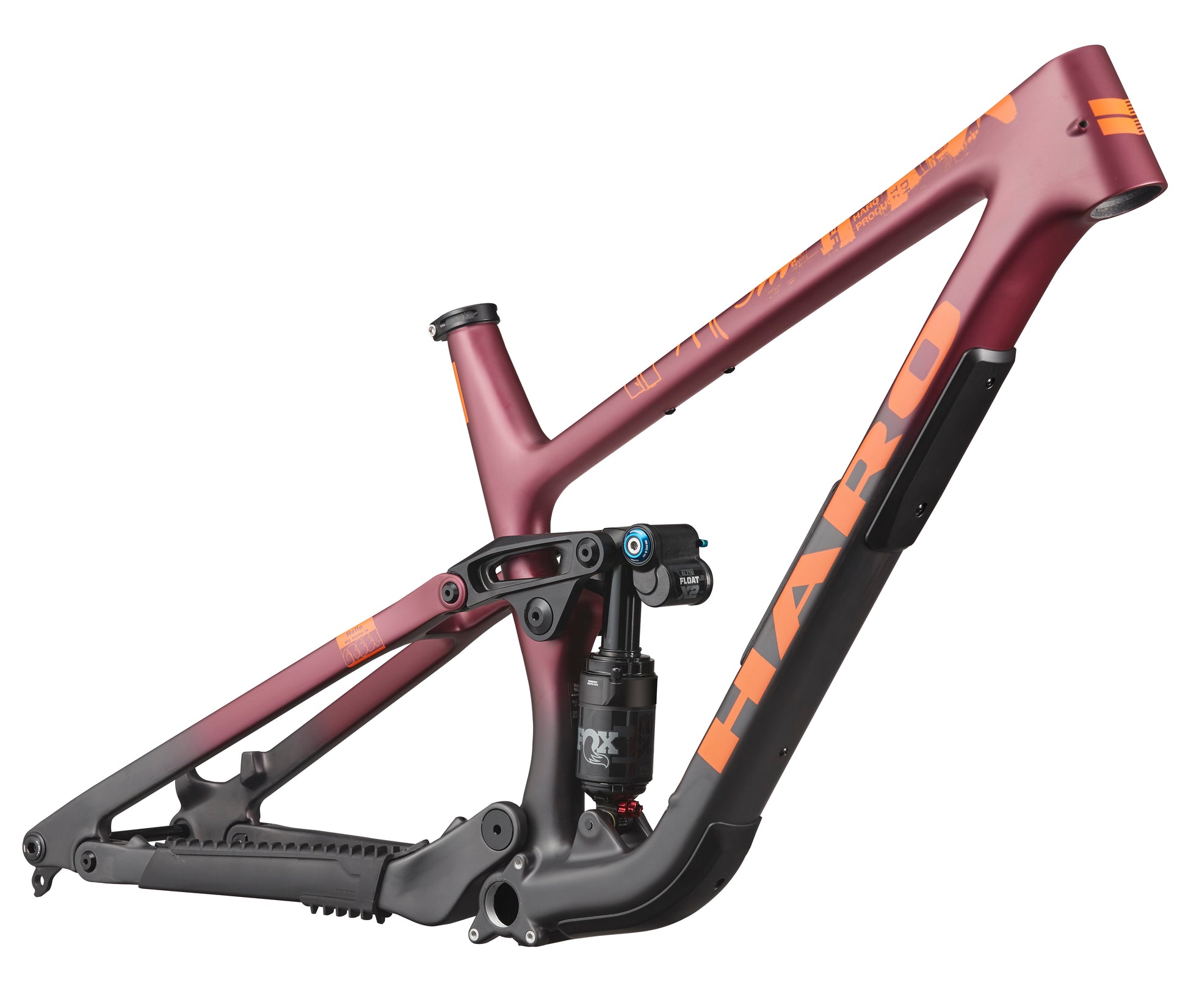 The Haro Bikes Greer Carbon Frameset in maroon/black with rear suspension and progressive geometry, side view on white.