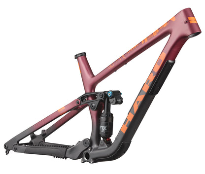 The Haro Bikes Greer Carbon Frameset in maroon/black with rear suspension and progressive geometry, side view on white.