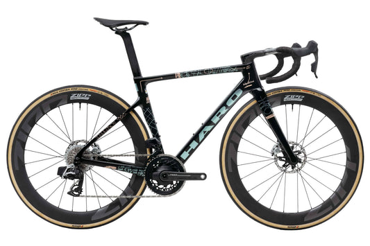Black Haro Bikes Partimos Carbon Custom "Grid" with drop bars and Zipp wheels, side view on white background.