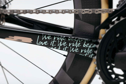 Close-up of a Haro Bikes Partimos Carbon Frameset “Grid” and chain with handwritten text: We ride because we love it, repeated.