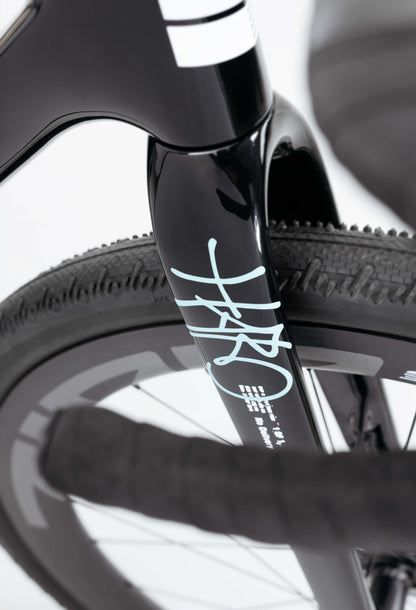 Close-up of the Haro Bikes Buzzard Carbon Frameset “Black Sunrise” fork, with white accents, textured tire, and partial handlebar visible.