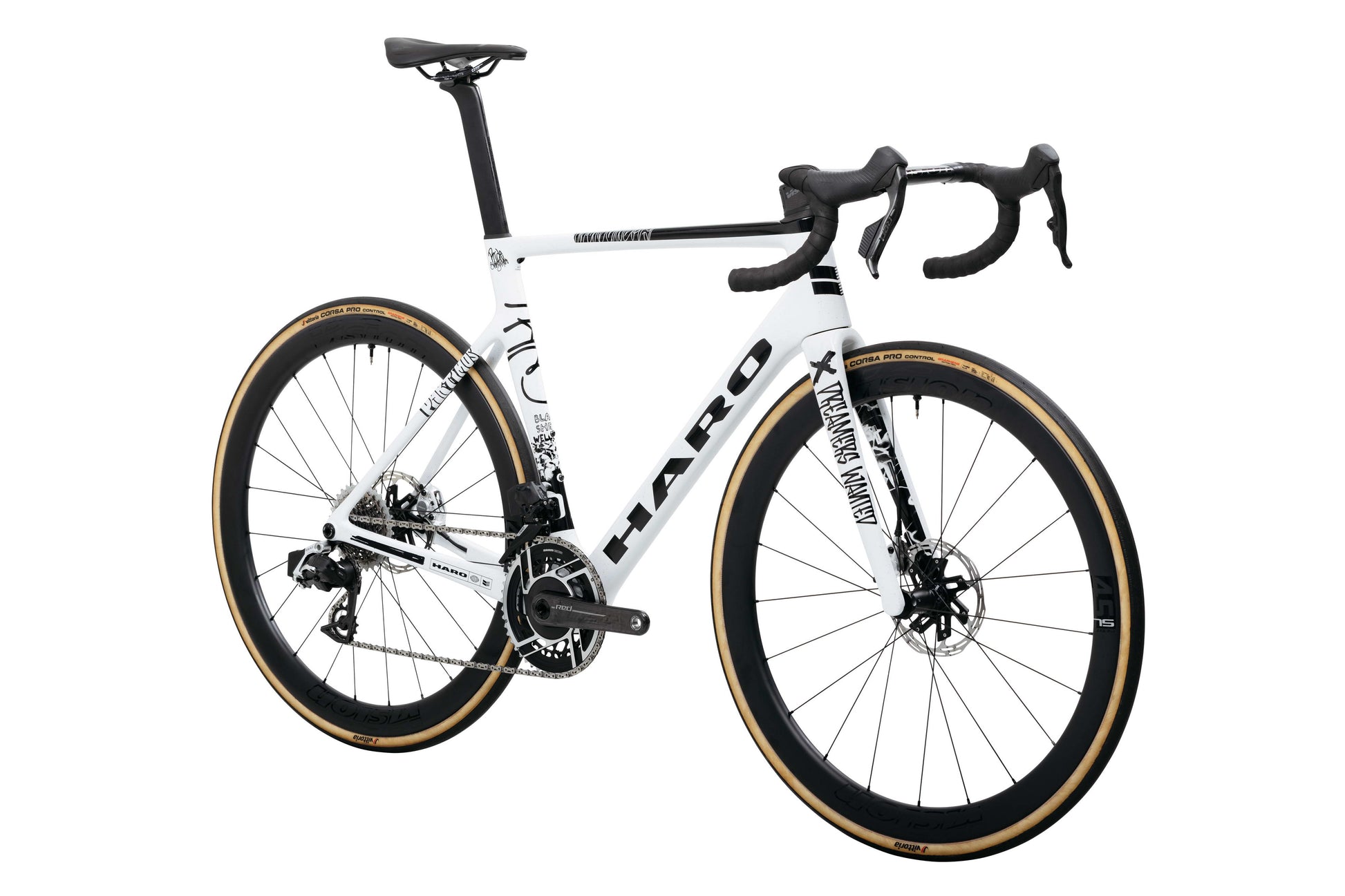 Haro Bikes Partimos Carbon Custom "Black Sheep" road bike with drop bars, tan tires, rear view, on white background.