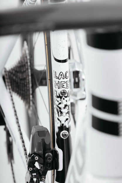 Close-up of Haro Bikes Partimos Carbon Custom "Black Sheep" frame with graphics, chain, gears, and rear wheel visible.