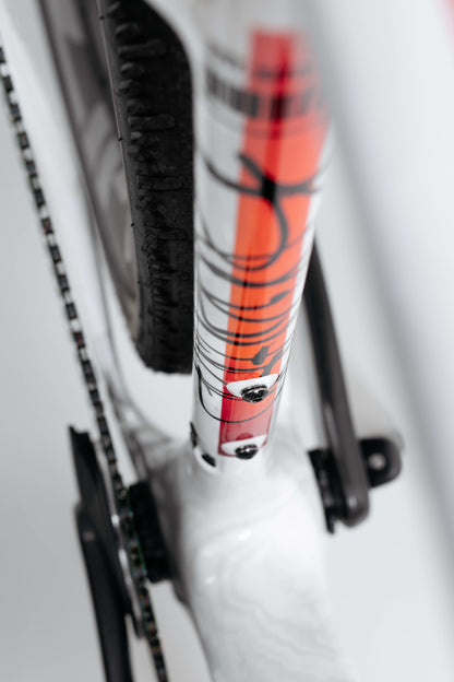 Close-up of Haro Bikes Buzzard Carbon Custom “Desert Sunset” frame, with red and black accents, showing tire, chain, and pedal.