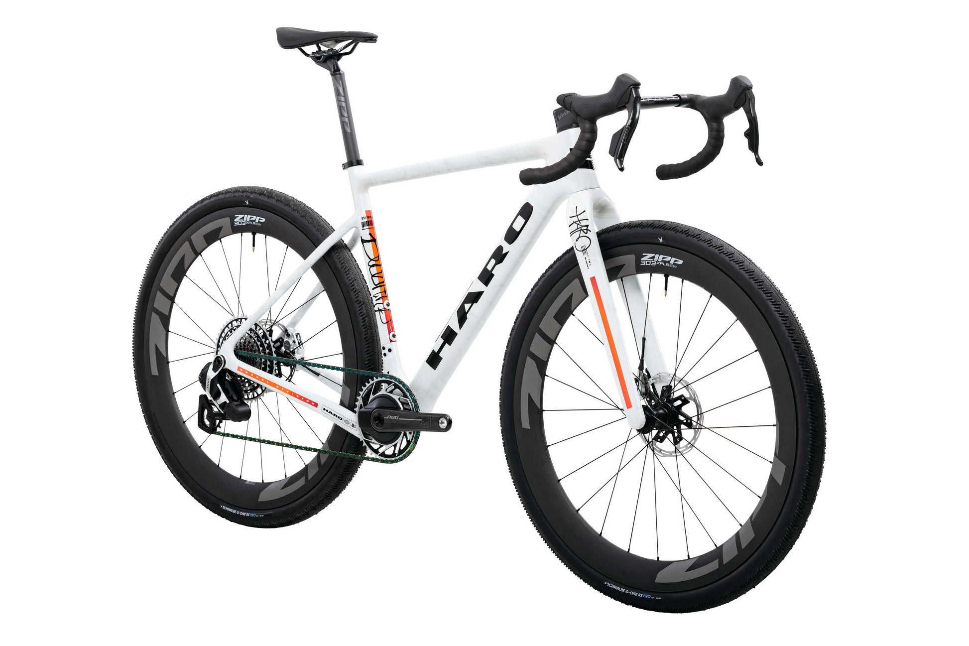 Buzzard Carbon Custom “Desert Sunset” by Haro Bikes: white gravel bike with drop bars and black Zipp wheels on white background.