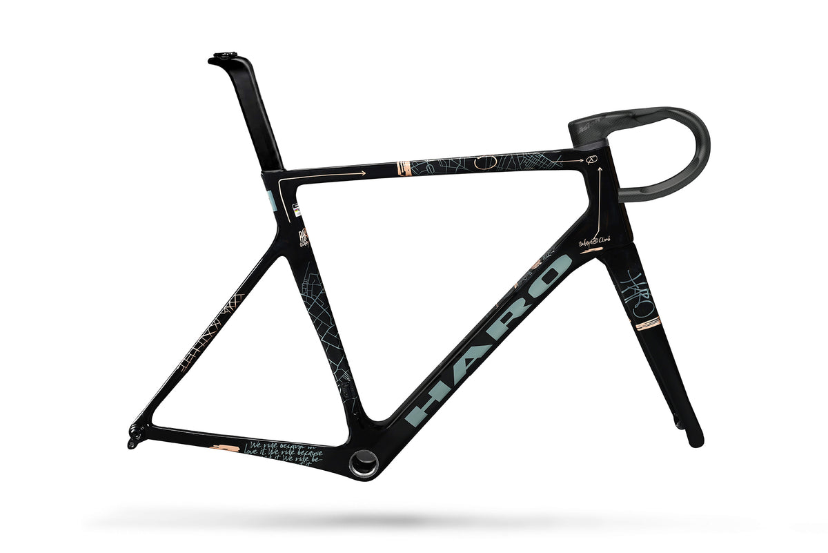 Black Partimos Carbon Frameset “Grid” by Haro Bikes, geometric design, white logo, frame only—no wheels or parts.