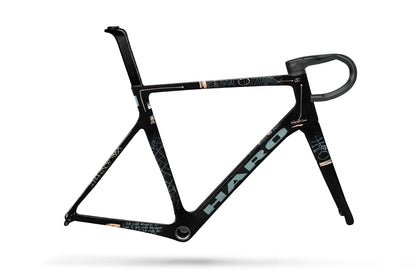 Black Partimos Carbon Frameset “Grid” by Haro Bikes, geometric design, white logo, frame only—no wheels or parts.