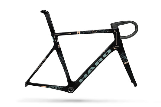 Black Partimos Carbon Frameset “Grid” by Haro Bikes, geometric design, white logo, frame only—no wheels or parts.