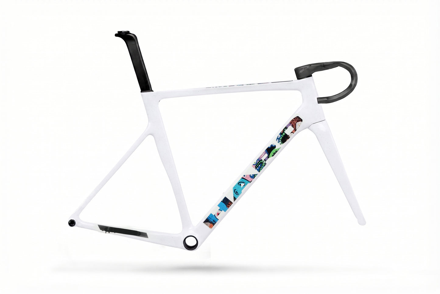 Haro Bikes Partimos Carbon Frameset EP: white frame with black seat post, handlebar, colorful design, and integrated cable routing.