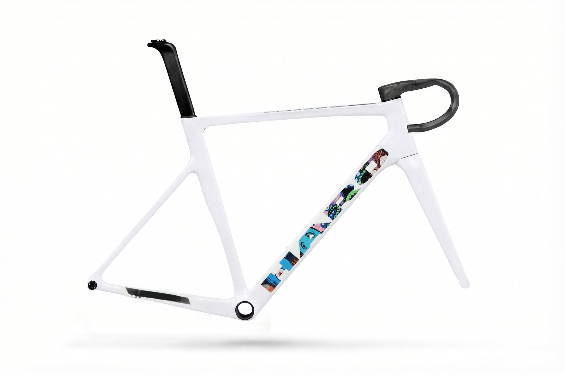 Haro Bikes Partimos Carbon Frameset EP: white frame with black seat post, handlebar, colorful design, and integrated cable routing.