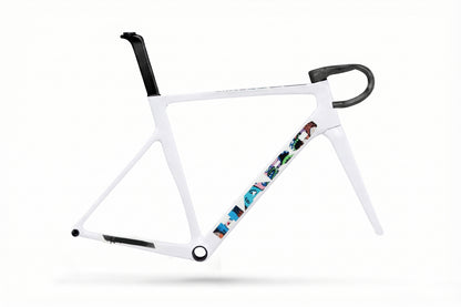 Haro Bikes Partimos Carbon Frameset EP: white frame with black seat post, handlebar, colorful design, and integrated cable routing.