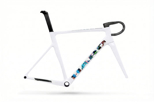 Haro Bikes Partimos Carbon Frameset EP: white frame with black seat post, handlebar, colorful design, and integrated cable routing.