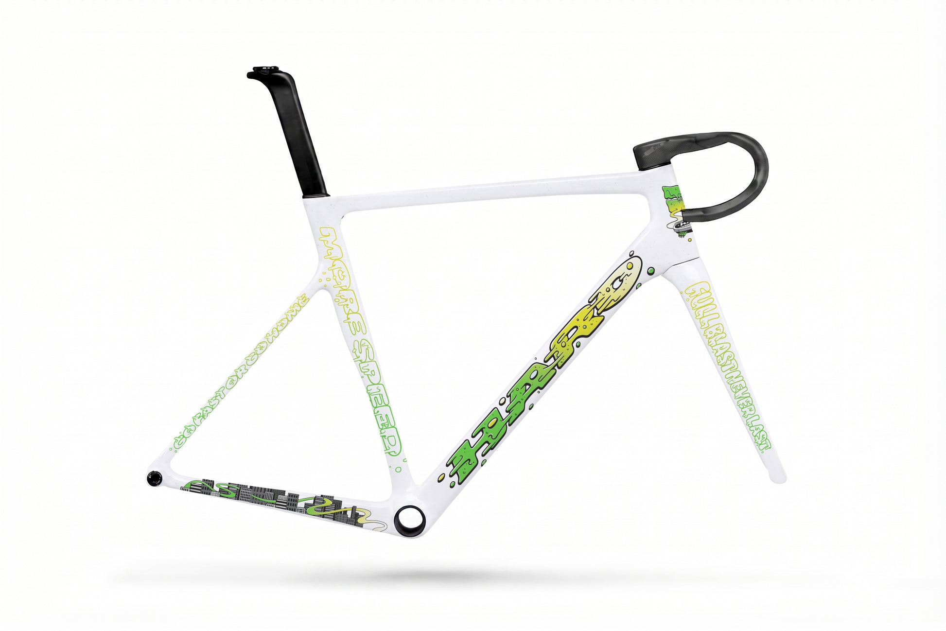 White Haro Bikes Partimos Carbon Frameset Full Blast, limited edition, green/yellow graphics, black seatpost, plain white background.