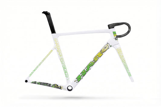 White Haro Bikes Partimos Carbon Frameset Full Blast, limited edition, green/yellow graphics, black seatpost, plain white background.