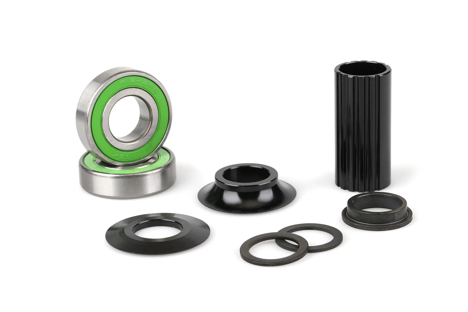 The Haro Bikes 19mm Sealed Bottom Bracket in black with bearings, spacers, and washers arranged on a white background.