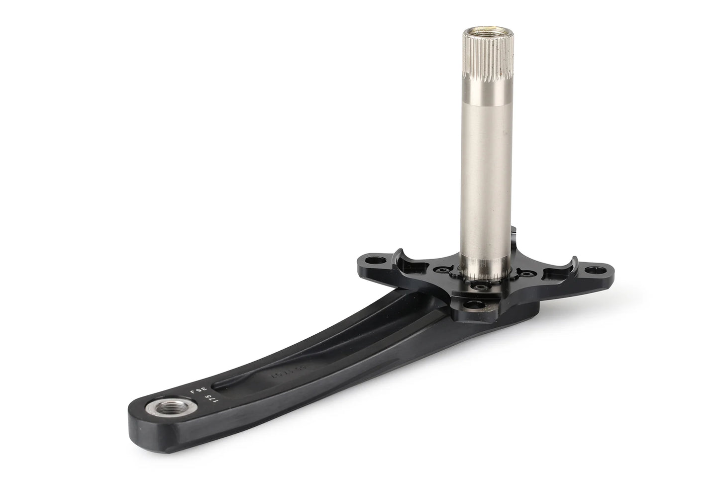 A Haro Bikes CLIQ WEAPONZ KURBELSET crank arm features a sleek black and silver design with a durable chromoly spindle. Its finely grooved upper section complements BMX race bikes, enhancing both durability and performance.