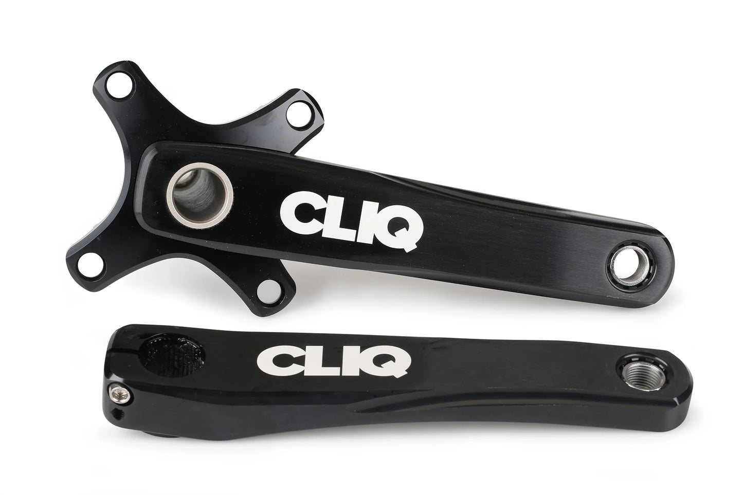 The CLIQ WEAPONZ KURBELSET by Haro Bikes includes two black crank arms for a BMX race bike. One has a four-bolt spider, the other fits a chromoly spindle with a single pedal hole. CLIQ is printed in white. Displayed on a white background.