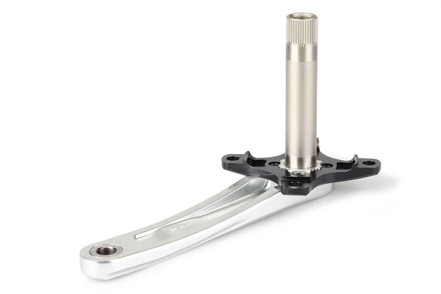 A Haro Bikes CLIQ WEAPONZ KURBELSET features a silver and black metal bicycle crank arm with a chromoly spindle. The polished arm has an attachment hole, while the spindle is vertically ridged at the end, perfect for BMX race bikes.