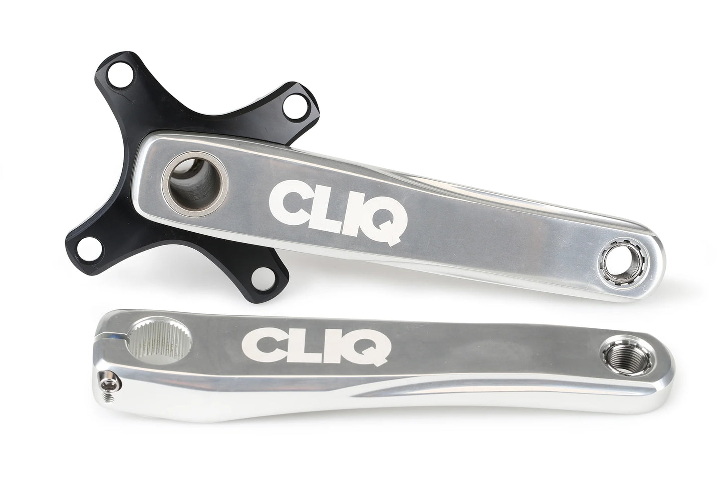 Close-up of two silver Haro Bikes CLIQ Weaponz Kurbelset cranks for a BMX race bike with CLIQ branding; one attached to a black four-hole circular piece, the other standalone. These components have a durable chromoly spindle and are set against a plain white background.