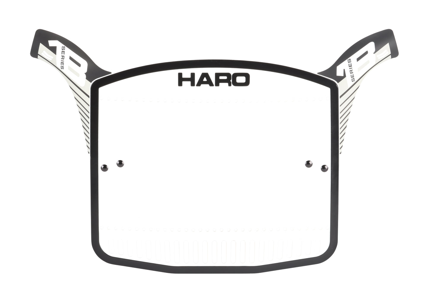 A white and black Haro Bikes Series 1B number plate features Haro at the top with two side mounting flaps and a sleek, modern design.