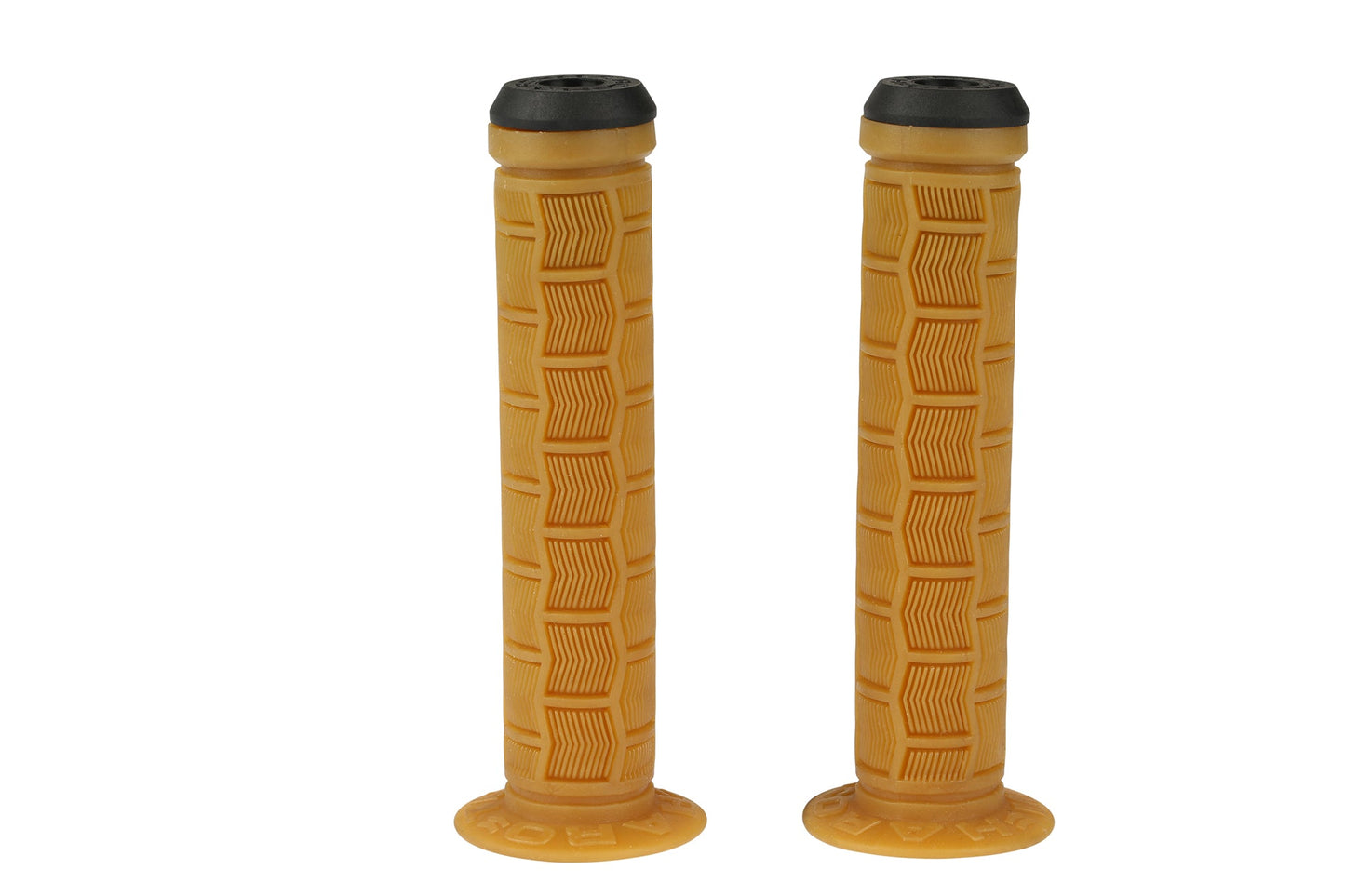 Two Haro Bikes Team Griffe Flanged grips, yellow with black ends, textured Krayton-Gummi pattern, upright on a white background.