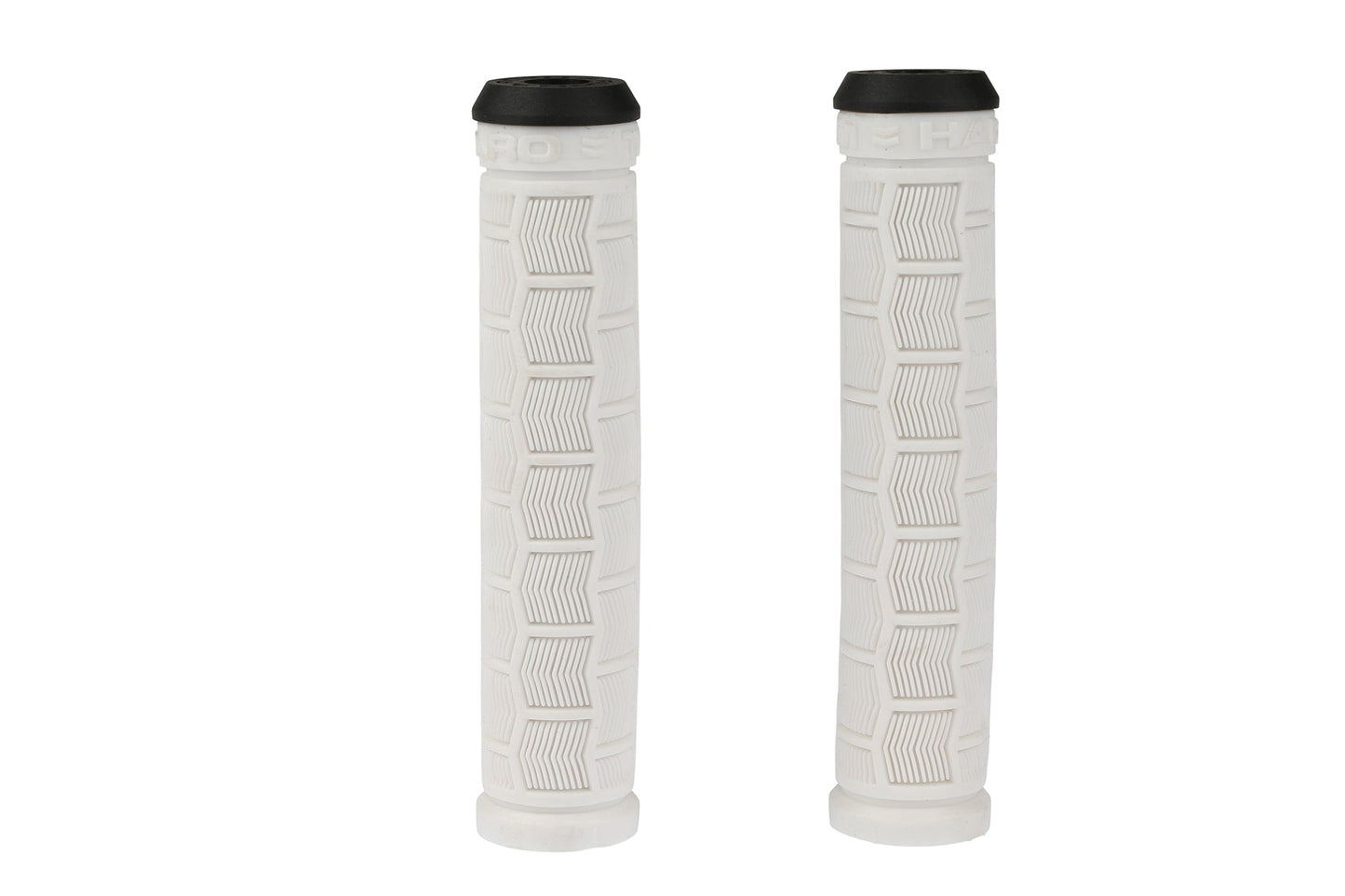 Two Haro Bikes Team Griffe Flangeless handlebar grips, 150mm with textured patterns and black end caps, standing vertically on white.