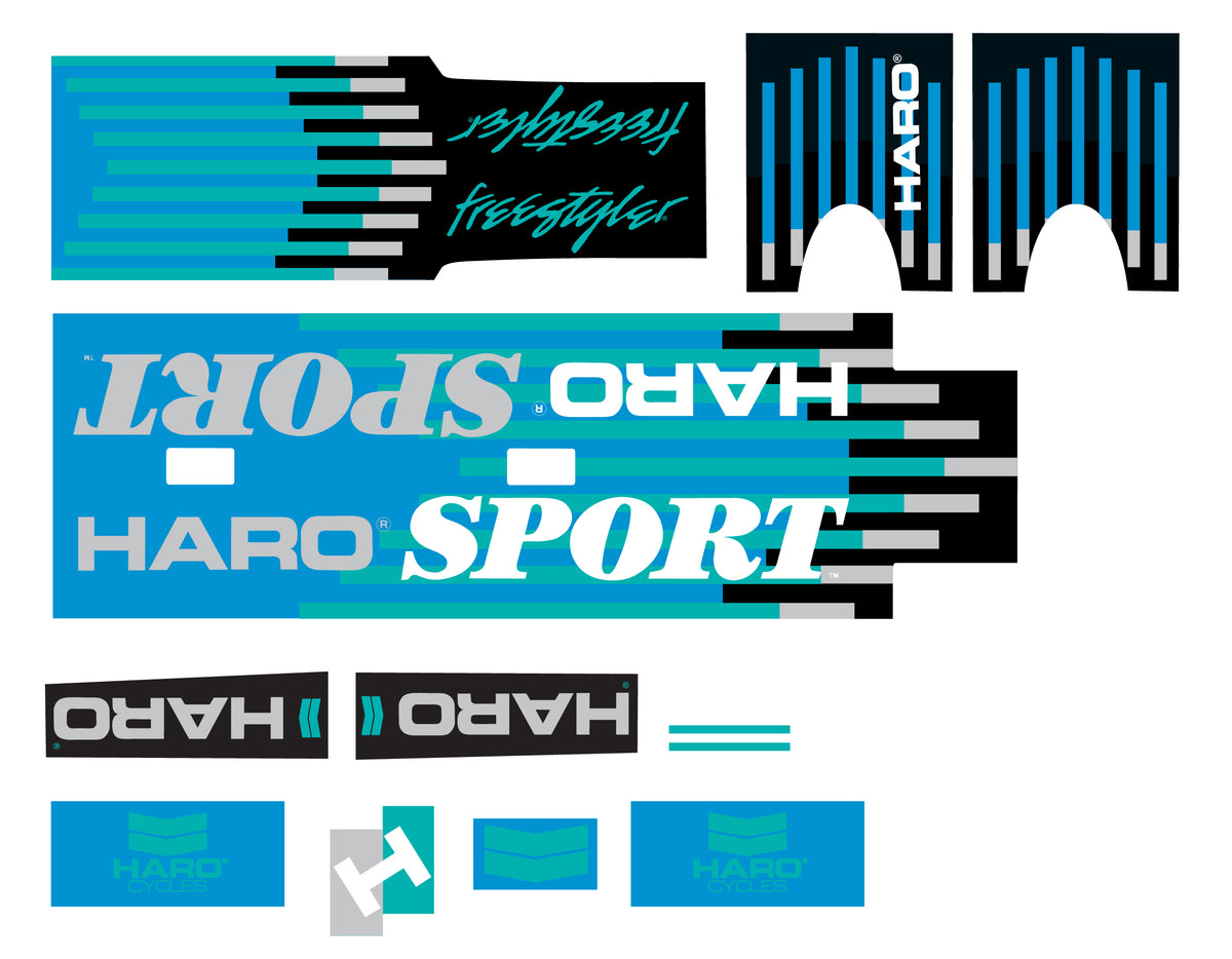 1988 Decals Sport Black/Blue featuring blue, black, and white striped patterns, the word Freestyler, and the word Sport.
