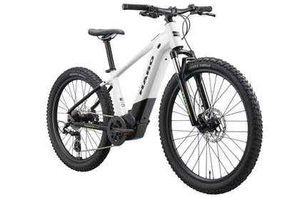Haro Bikes eKids I/O 24/26: White youth e-bike with thick tires, disc brakes, black seat, and Bosch Performance Line SX Motor.