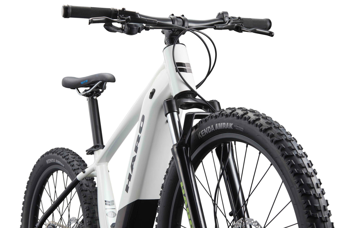 Haro Bikes eKids I/O 24/26 angled from below, highlighting frame and Bosch Performance Line SX Motor with brand name in view.