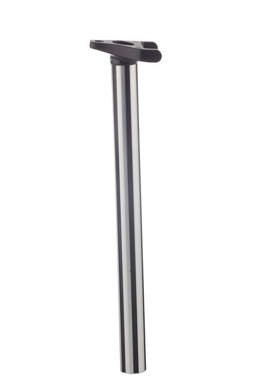 The HARO Lineage Tripod Fluted Sattelstütze, a silver metal bike seat post crafted with precision in CNC, includes a black mounting bracket at its top and is showcased against a white background.