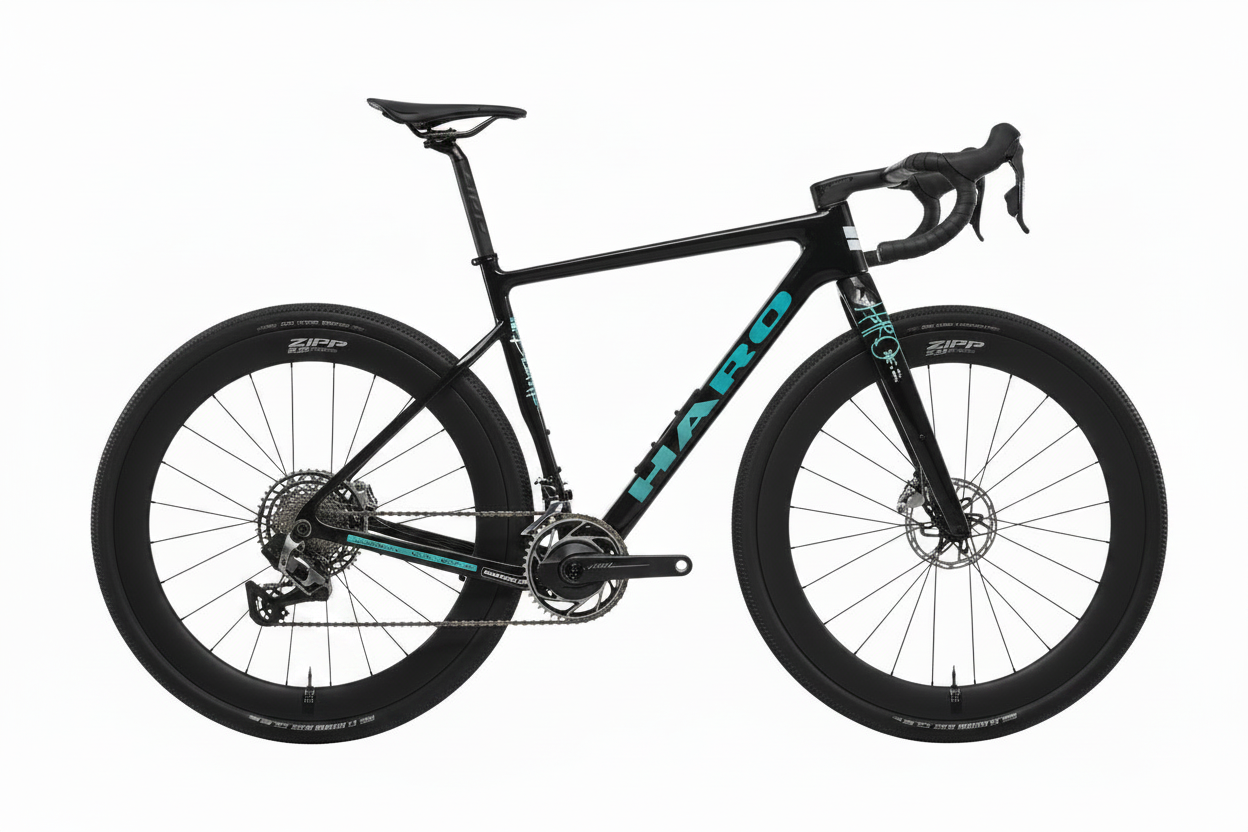 Haro Bikes Buzzard Carbon Frameset “Black Sunrise” road bike with blue accents, drop bars, and deep wheels on a white background.