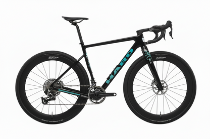 Haro Bikes Buzzard Carbon Frameset “Black Sunrise” road bike with blue accents, drop bars, and deep wheels on a white background.