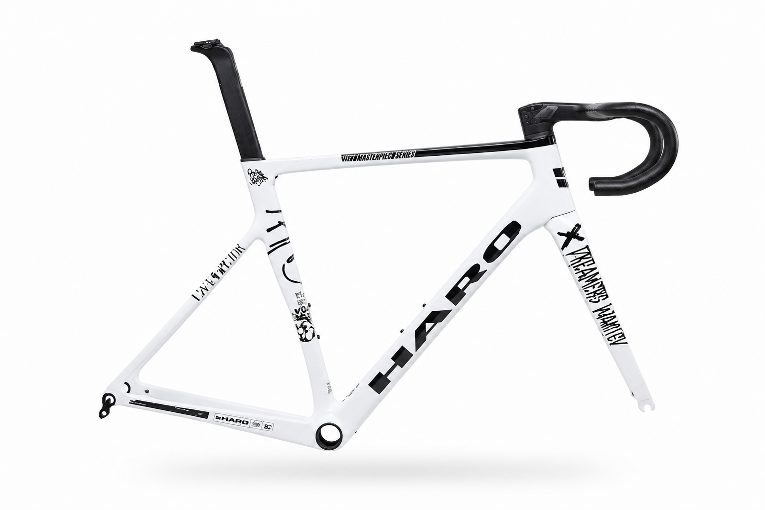 Haro Bikes Partimos Carbon Frameset “Black Sheep” with black graphics, featuring unique design on a white background.