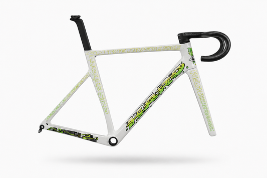 A limited-edition white Haro Bikes Partimos Carbon Frameset Full Blast with green/black graphics, seat post, and handlebars.