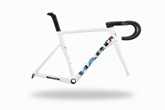 The Haro Bikes Partimos Carbon Frameset EP features a white carbon frame with colorful patterns and integrated cable routing.
