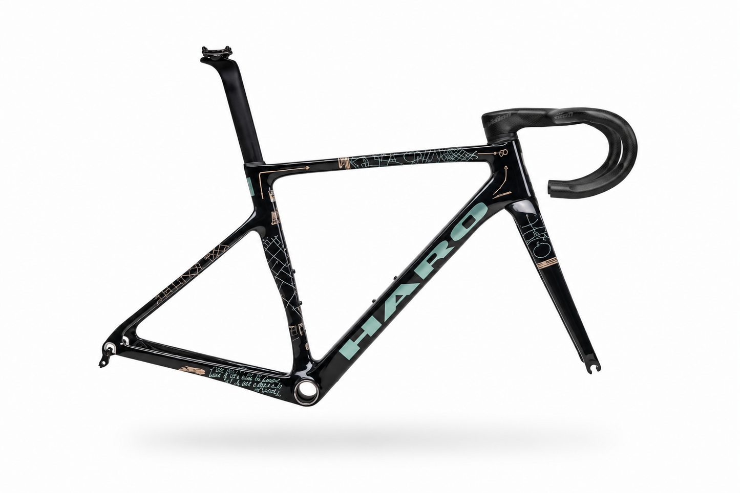 Partimos Carbon Frameset “Grid” by Haro Bikes in black/teal, geometric design, no wheels or pedals, on white background.