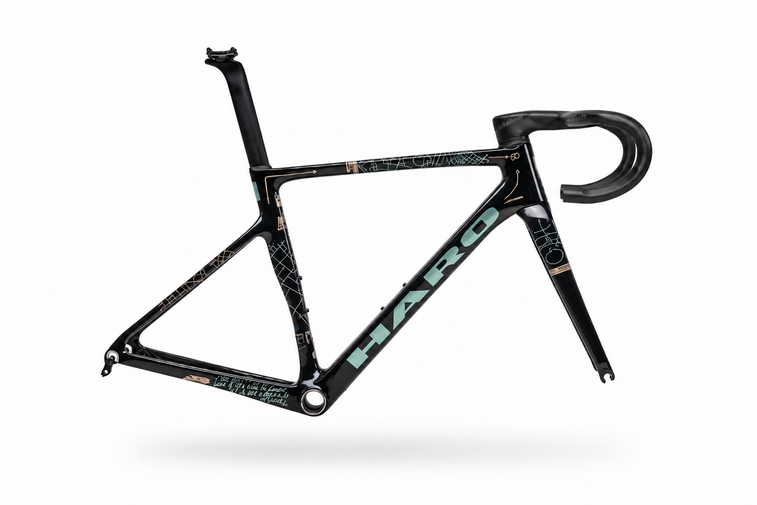Partimos Carbon Frameset “Grid” by Haro Bikes in black/teal, geometric design, no wheels or pedals, on white background.