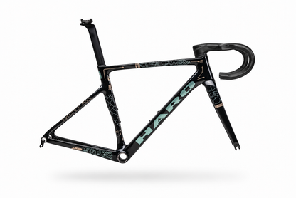 Partimos Carbon Frameset “Grid” by Haro Bikes in black/teal, geometric design, no wheels or pedals, on white background.