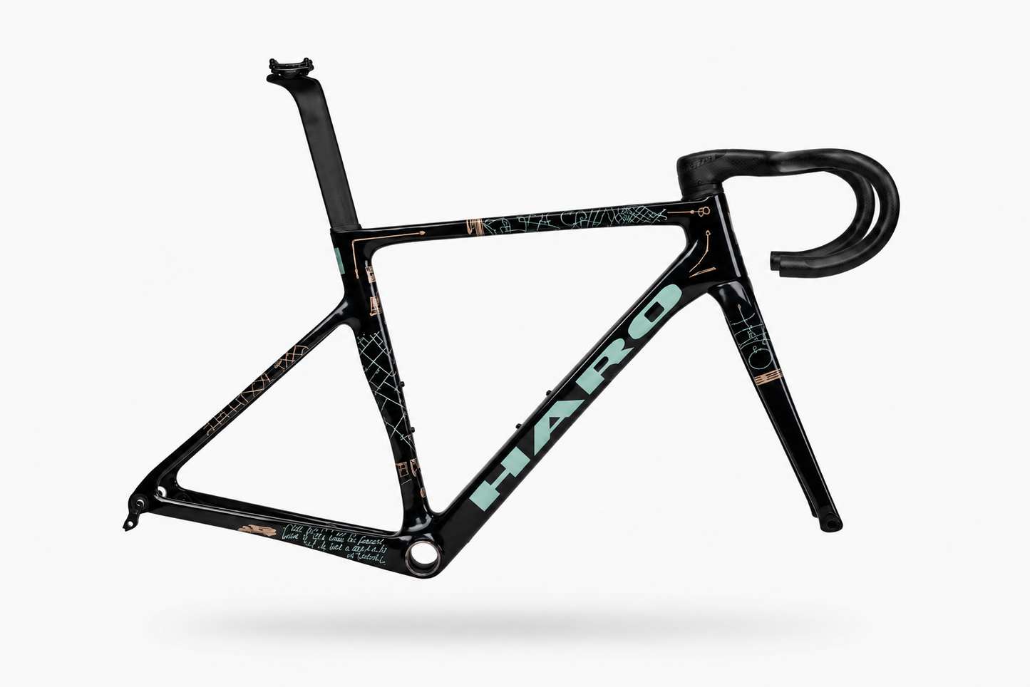 Partimos Carbon Frameset “Grid” by Haro Bikes: black frame, turquoise logo, abstract patterns, Titanium Flash Green decals.