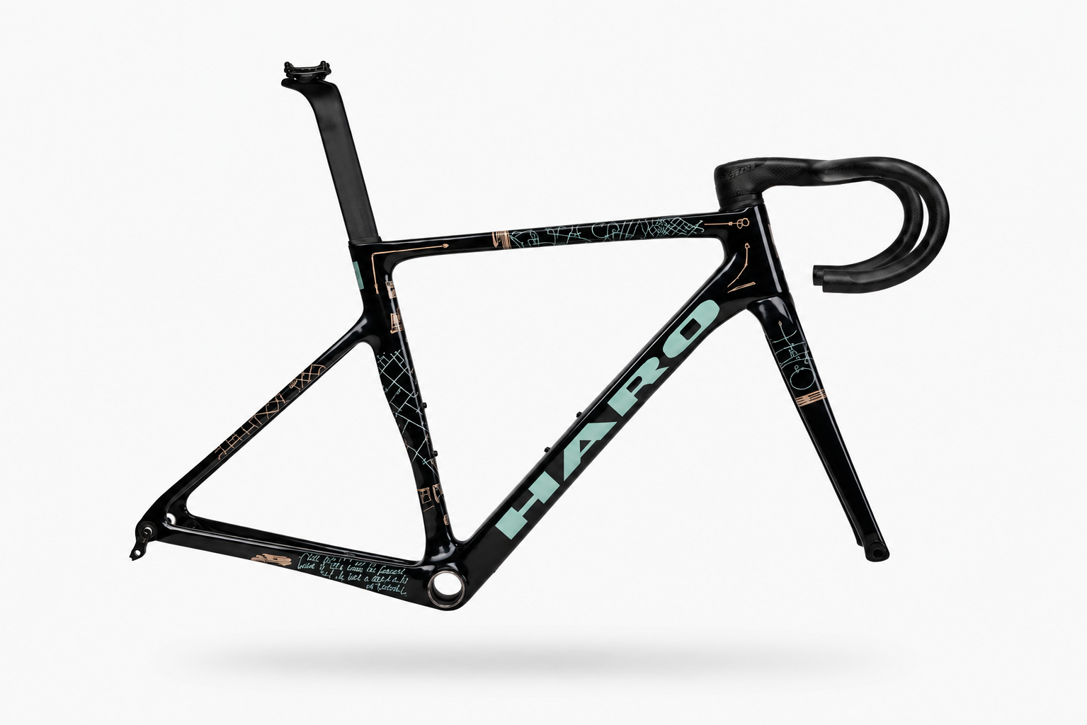 Partimos Carbon Frameset “Grid” by Haro Bikes: black frame, turquoise logo, abstract patterns, Titanium Flash Green decals.