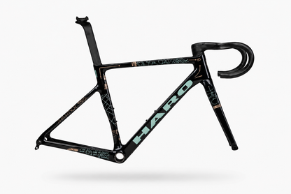 Partimos Carbon Frameset “Grid” by Haro Bikes: black frame, turquoise logo, abstract patterns, Titanium Flash Green decals.